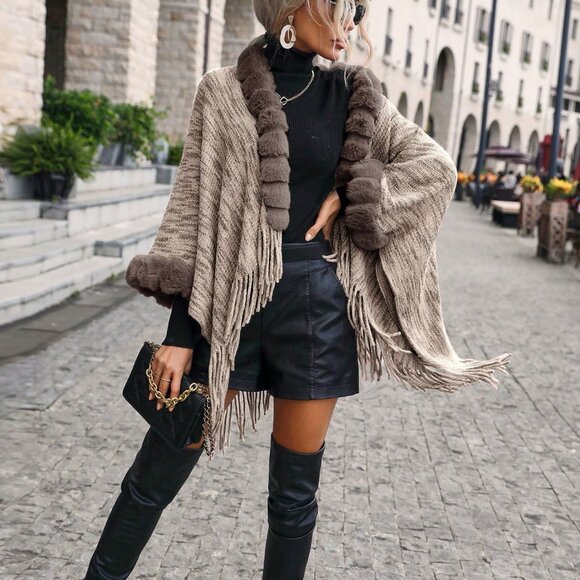 Khaki Elegant Women's Fuzzy Trim Fringe Hem Space Dye Batwing Sleeve Cardigan - Picture 4 of 5